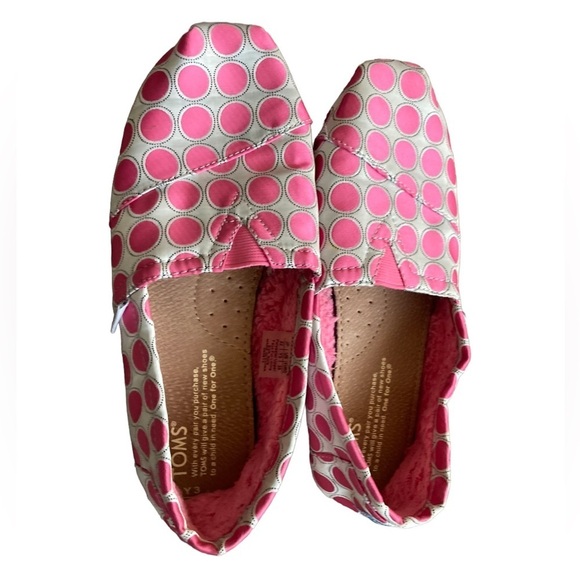 Toms Pink Polka Dot Fleece Lined Slip on Flat Shoes Youth Girls Size 3 EUC - Picture 6 of 7